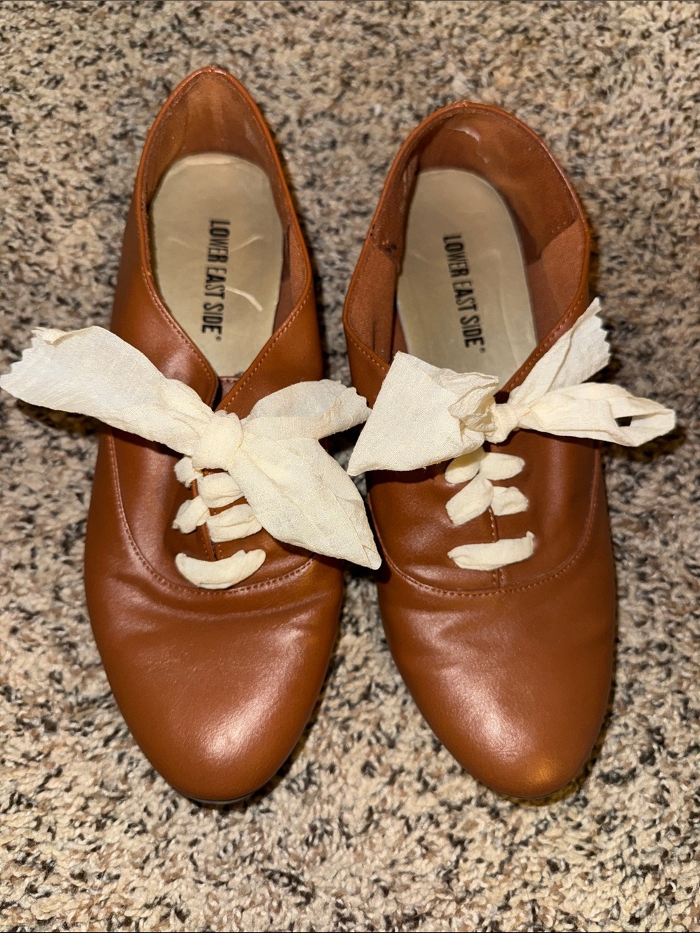 LOWER EAST SIDE Brown Leather Flats with Cream Fabric Bows
